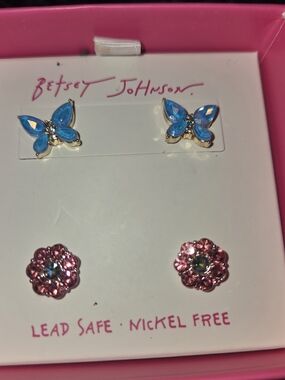 Betsey Johnson Blue Butterfly & Pink Flower Double Stud Earrings